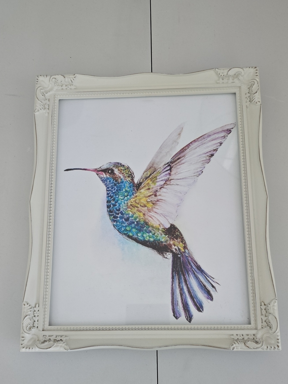 Hummingbird Wall Art Print in Multicolor with White Frame